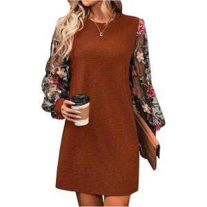 imageMakeMeChic Womens Sheer Dress Floral Mesh Long Sleeve Spring Dresses Crew Neck Lace Black Mini DressesOrange
