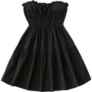 imageMakeMeChic Womens Strapless Tube Dress Tie Front Ruffle Shirred A Line Mini DressesBlack