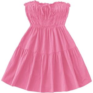 imageMakeMeChic Womens Strapless Tube Dress Tie Front Ruffle Shirred A Line Mini DressesHot Pink