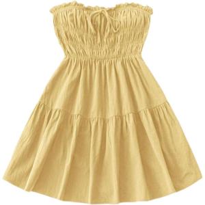 imageMakeMeChic Womens Strapless Tube Dress Tie Front Ruffle Shirred A Line Mini DressesYellow