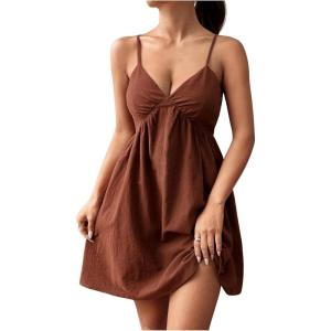 imageMakeMeChic Womens V Neck Cami Dress Spaghetti Strap Backless Shirred Mini Dresses SundressBrown