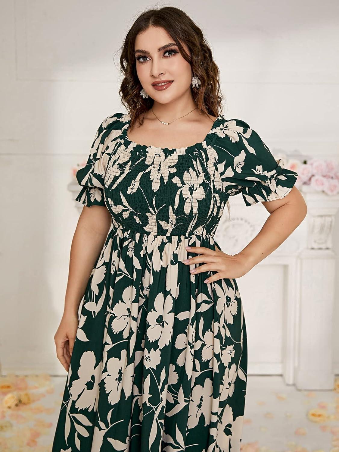 imageMakeMeChic Womens Plus Size Boho Floral Maxi Dress Curvy Short Sleeve Shirred Squared Neck Flomal Long DressA Muilticolor