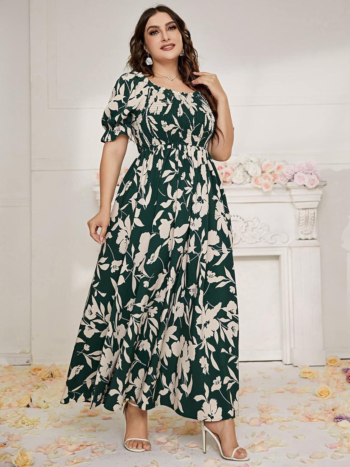 imageMakeMeChic Womens Plus Size Boho Floral Maxi Dress Curvy Short Sleeve Shirred Squared Neck Flomal Long DressA Muilticolor