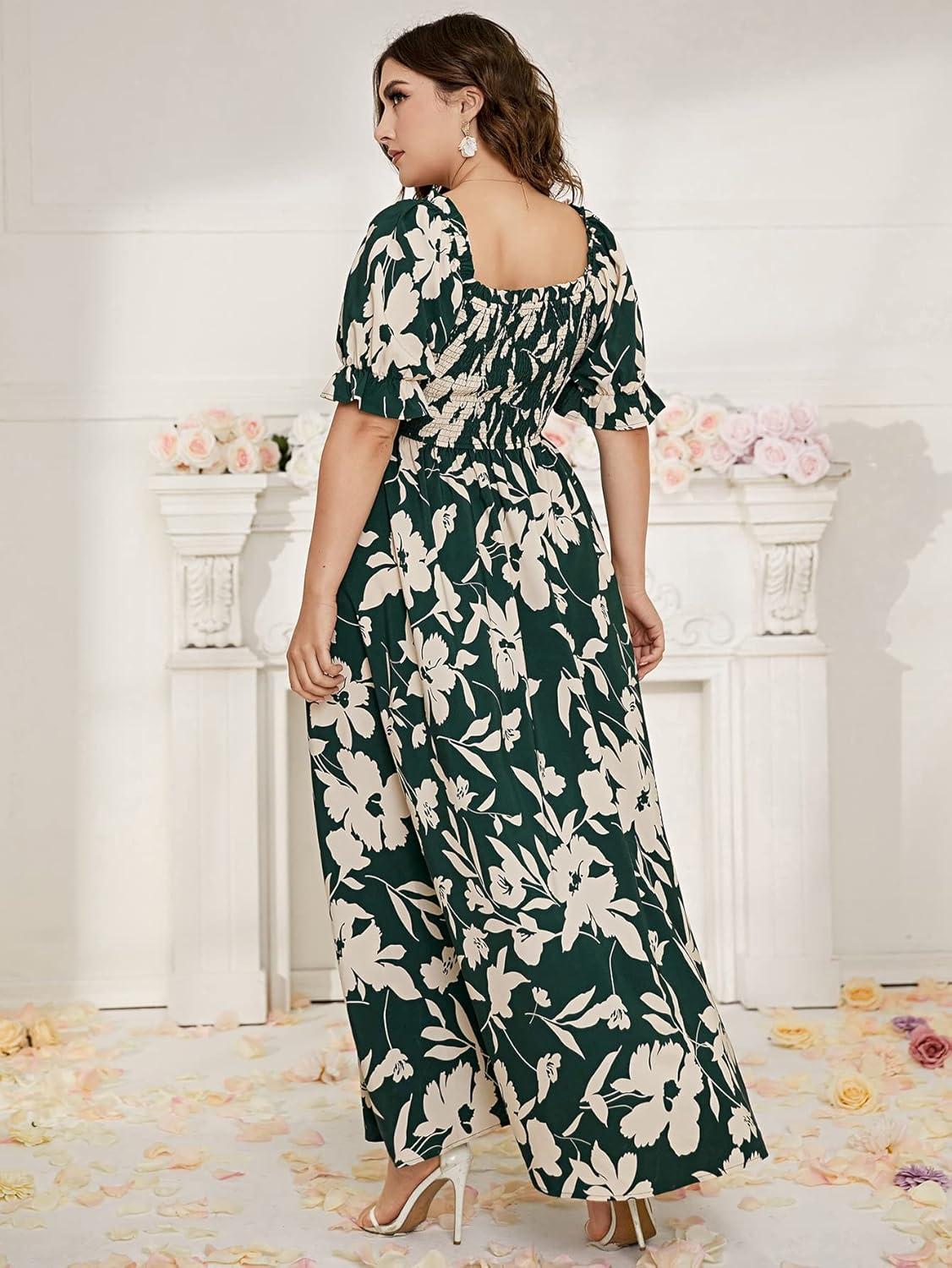 imageMakeMeChic Womens Plus Size Boho Floral Maxi Dress Curvy Short Sleeve Shirred Squared Neck Flomal Long DressA Muilticolor