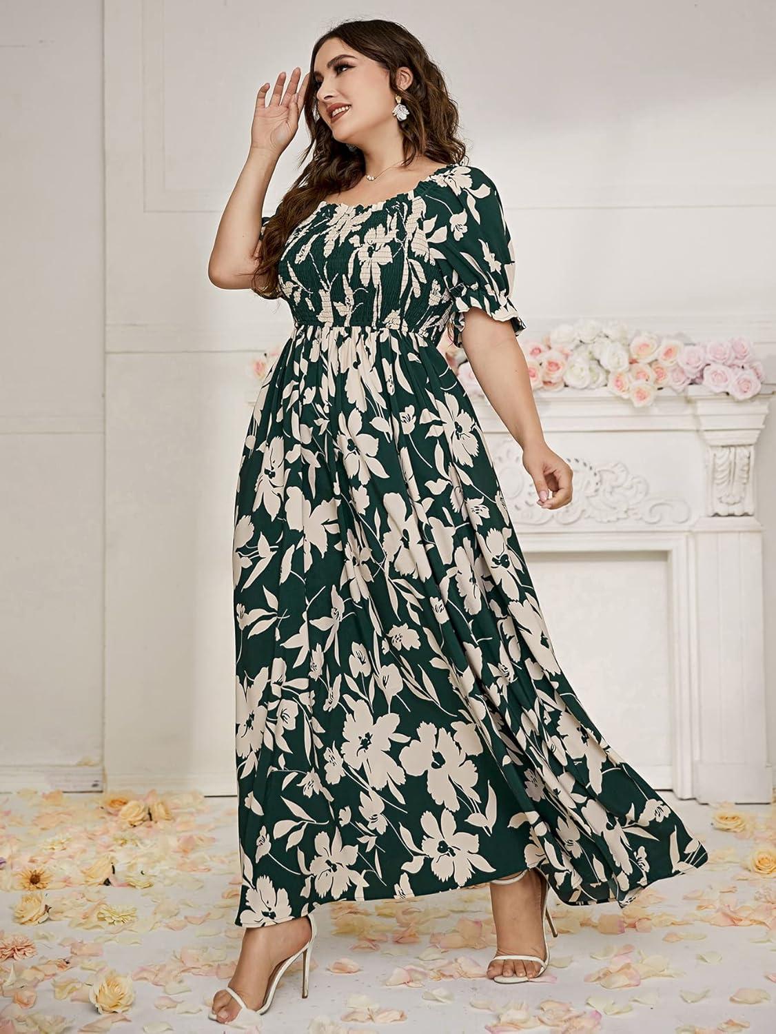 imageMakeMeChic Womens Plus Size Boho Floral Maxi Dress Curvy Short Sleeve Shirred Squared Neck Flomal Long DressA Muilticolor