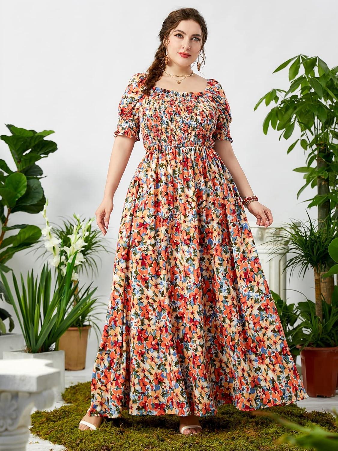 imageMakeMeChic Womens Plus Size Boho Floral Maxi Dress Curvy Short Sleeve Shirred Squared Neck Flomal Long DressMulticolor a