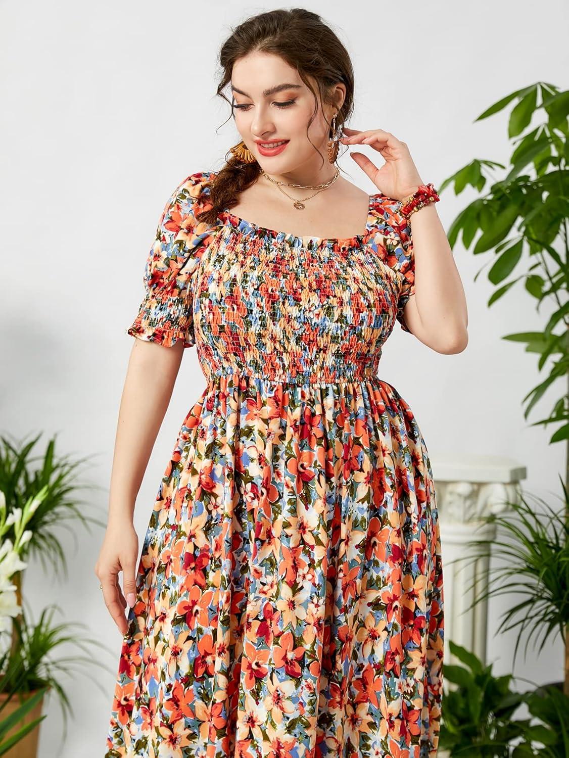 imageMakeMeChic Womens Plus Size Boho Floral Maxi Dress Curvy Short Sleeve Shirred Squared Neck Flomal Long DressMulticolor a