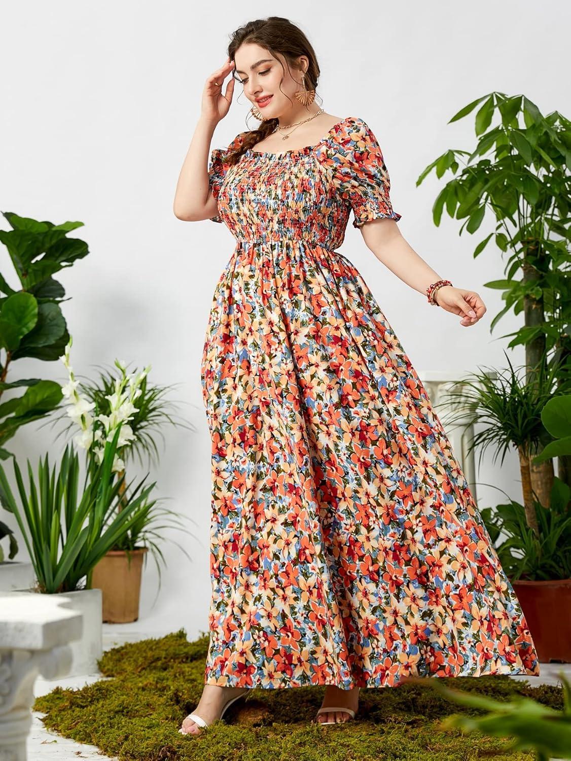 imageMakeMeChic Womens Plus Size Boho Floral Maxi Dress Curvy Short Sleeve Shirred Squared Neck Flomal Long DressMulticolor a