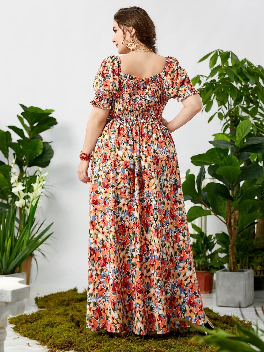 imageMakeMeChic Womens Plus Size Boho Floral Maxi Dress Curvy Short Sleeve Shirred Squared Neck Flomal Long DressMulticolor a