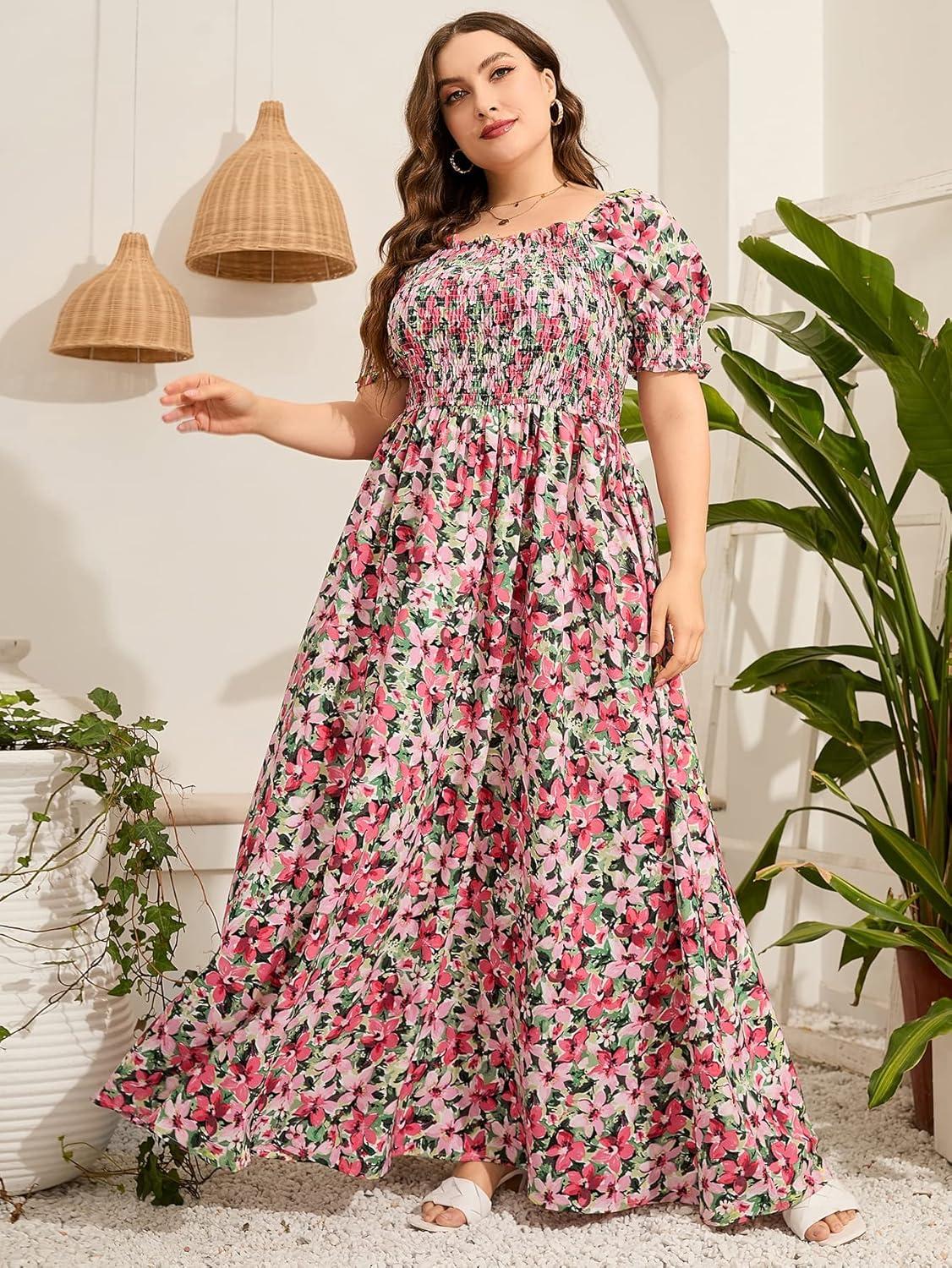 imageMakeMeChic Womens Plus Size Boho Floral Maxi Dress Curvy Short Sleeve Shirred Squared Neck Flomal Long DressMulticolored