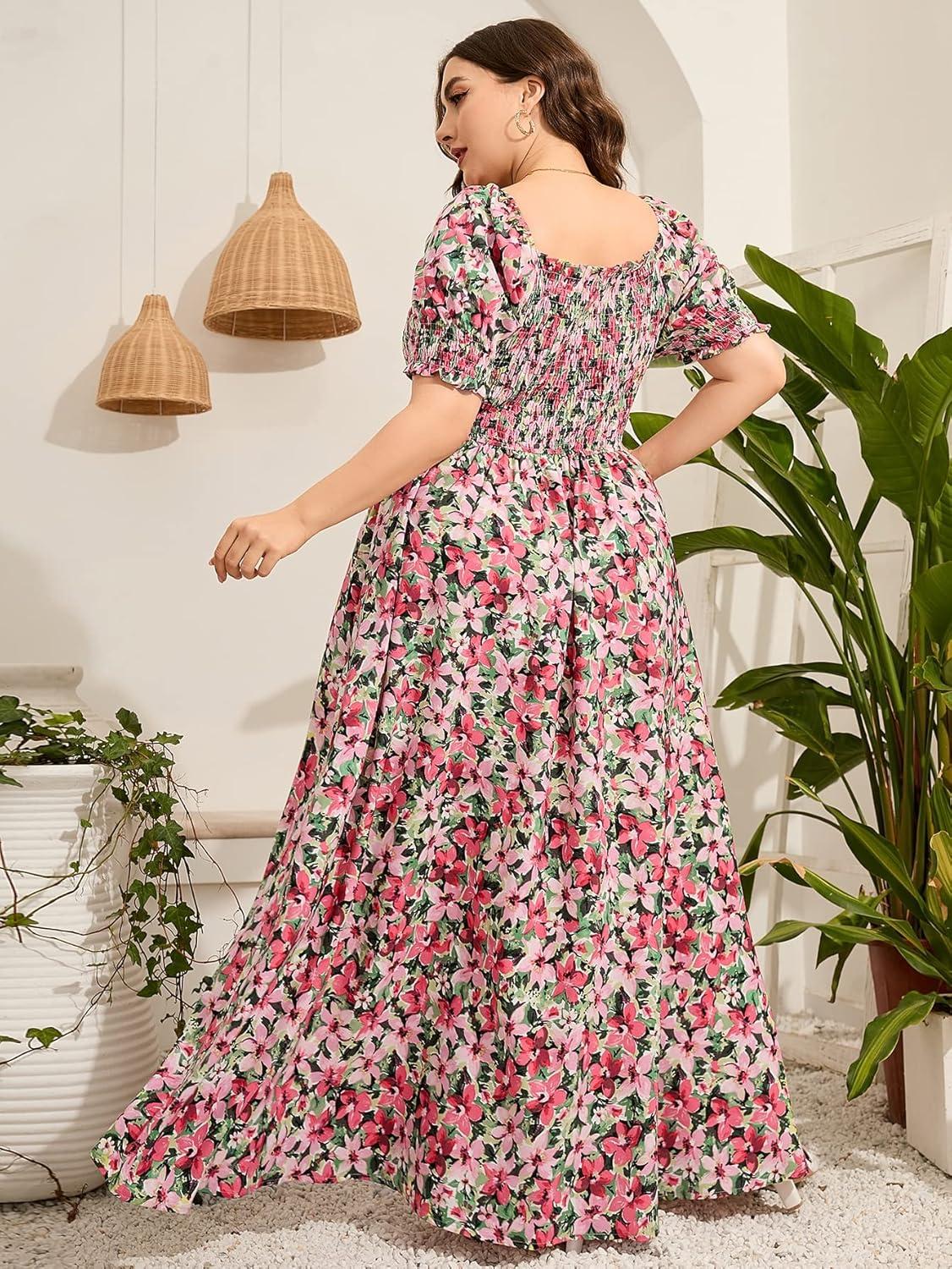 imageMakeMeChic Womens Plus Size Boho Floral Maxi Dress Curvy Short Sleeve Shirred Squared Neck Flomal Long DressMulticolored