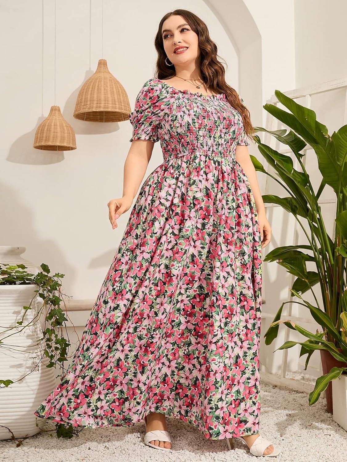 imageMakeMeChic Womens Plus Size Boho Floral Maxi Dress Curvy Short Sleeve Shirred Squared Neck Flomal Long DressMulticolored