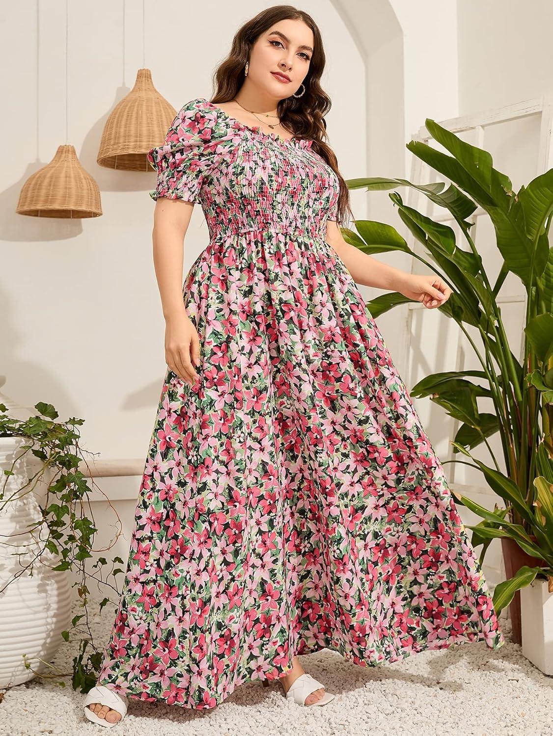 imageMakeMeChic Womens Plus Size Boho Floral Maxi Dress Curvy Short Sleeve Shirred Squared Neck Flomal Long DressMulticolored