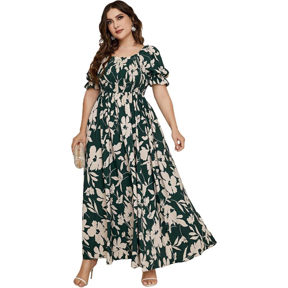 imageMakeMeChic Womens Plus Size Boho Floral Maxi Dress Curvy Short Sleeve Shirred Squared Neck Flomal Long DressA Muilticolor