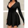 imageMakeMeChic Womens Deep V Neck Mini Dress Long Sleeve A Line Flare Short DressesBlack