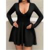imageMakeMeChic Womens Deep V Neck Mini Dress Long Sleeve A Line Flare Short DressesBlack