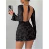 imageMakeMeChic Womens Floral Print Long Sleeve Mini Dress Mesh Backless Y2k Going Out DressesBlack