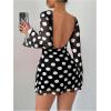 imageMakeMeChic Womens Floral Print Long Sleeve Mini Dress Mesh Backless Y2k Going Out DressesBlack and White
