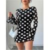 imageMakeMeChic Womens Floral Print Long Sleeve Mini Dress Mesh Backless Y2k Going Out DressesBlack and White
