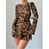imageMakeMeChic Womens Floral Print Long Sleeve Mini Dress Mesh Backless Y2k Going Out DressesBrown