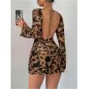 imageMakeMeChic Womens Floral Print Long Sleeve Mini Dress Mesh Backless Y2k Going Out DressesBrown