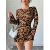 imageMakeMeChic Womens Floral Print Long Sleeve Mini Dress Mesh Backless Y2k Going Out DressesBrown