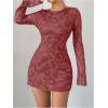 imageMakeMeChic Womens Floral Print Long Sleeve Mini Dress Mesh Backless Y2k Going Out DressesBurgundy
