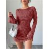 imageMakeMeChic Womens Floral Print Long Sleeve Mini Dress Mesh Backless Y2k Going Out DressesBurgundy