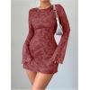 imageMakeMeChic Womens Floral Print Long Sleeve Mini Dress Mesh Backless Y2k Going Out DressesBurgundy