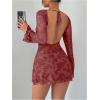 imageMakeMeChic Womens Floral Print Long Sleeve Mini Dress Mesh Backless Y2k Going Out DressesBurgundy