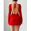 imageMakeMeChic Womens Floral Print Long Sleeve Mini Dress Mesh Backless Y2k Going Out DressesRed