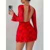 imageMakeMeChic Womens Floral Print Long Sleeve Mini Dress Mesh Backless Y2k Going Out DressesRed