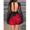 imageMakeMeChic Womens Floral Print Long Sleeve Mini Dress Mesh Backless Y2k Going Out DressesRed and Black