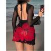 imageMakeMeChic Womens Floral Print Long Sleeve Mini Dress Mesh Backless Y2k Going Out DressesRed and Black