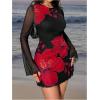 imageMakeMeChic Womens Floral Print Long Sleeve Mini Dress Mesh Backless Y2k Going Out DressesRed and Black