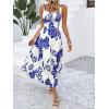 imageMakeMeChic Womens Floral Tropical Drawstring Shirred Cami Boho Dress High Waist Flared Flowy Summer DressCblue