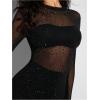imageMakeMeChic Womens Glitter Rhinestone Long Sleeve Mock Neck Mesh Sheer Bodycon Mini DressBlack