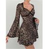 imageMakeMeChic Womens Leopard Print Dress Bell SleeveLace Trim Sweetheart Short Dresses Cheetah Print DressesBrown