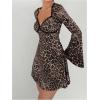 imageMakeMeChic Womens Leopard Print Dress Bell SleeveLace Trim Sweetheart Short Dresses Cheetah Print DressesBrown