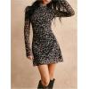 imageMakeMeChic Womens Leopard Y2K Mini Dresses Mesh Long Sleeve Cheetah Bodycon Short DressBrown Multi