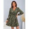 imageMakeMeChic Womens Long Sleeve Floral Short Dress Wrap V Neck Elastic Waist Casual DressesArmy Green