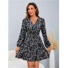 imageMakeMeChic Womens Long Sleeve Floral Short Dress Wrap V Neck Elastic Waist Casual DressesBark Blue