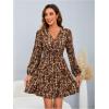 imageMakeMeChic Womens Long Sleeve Floral Short Dress Wrap V Neck Elastic Waist Casual DressesBrown
