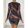 imageMakeMeChic Womens Mesh Tie Dye Mini Dress Ruched Long Sleeve Bodycon Party DressesMulticolor