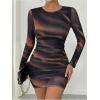 imageMakeMeChic Womens Mesh Tie Dye Mini Dress Ruched Long Sleeve Bodycon Party DressesMulticolor