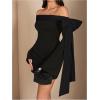 imageMakeMeChic Womens Off The Shoulder Bell Sleeve Mini Dress Bowknot Cocktail Party Bodycon DressesAll Black