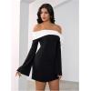 imageMakeMeChic Womens Off The Shoulder Bell Sleeve Mini Dress Bowknot Cocktail Party Bodycon DressesBlack and White