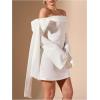 imageMakeMeChic Womens Off The Shoulder Bell Sleeve Mini Dress Bowknot Cocktail Party Bodycon DressesPure White