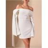 imageMakeMeChic Womens Off The Shoulder Bell Sleeve Mini Dress Bowknot Cocktail Party Bodycon DressesPure White