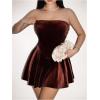 imageMakeMeChic Womens Party Short Strapless Dress Bandeau Tube Dress Sleeveless Ruffled A Line Flare Mini DressesBrown